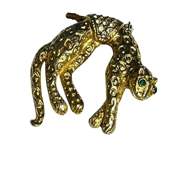 VINTAGE Leopard Brooch Gold Tone Rhinestones Hanging - Picture 1 of 5